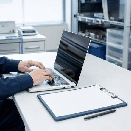 検品台でノートPCを動作確認する手元